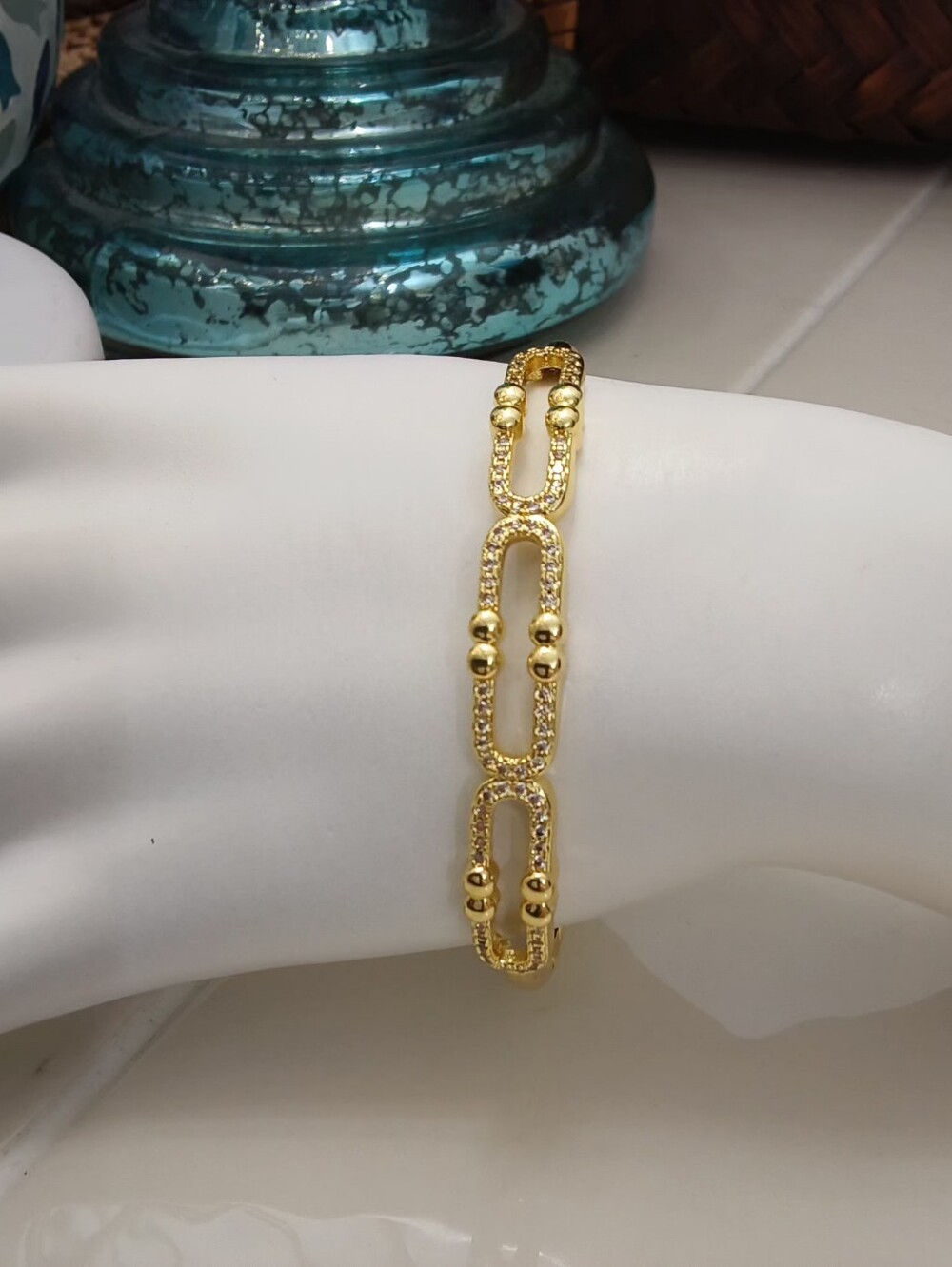 Ovel link bangle bracelet w/micro Pave Crystals, Stainless Steel